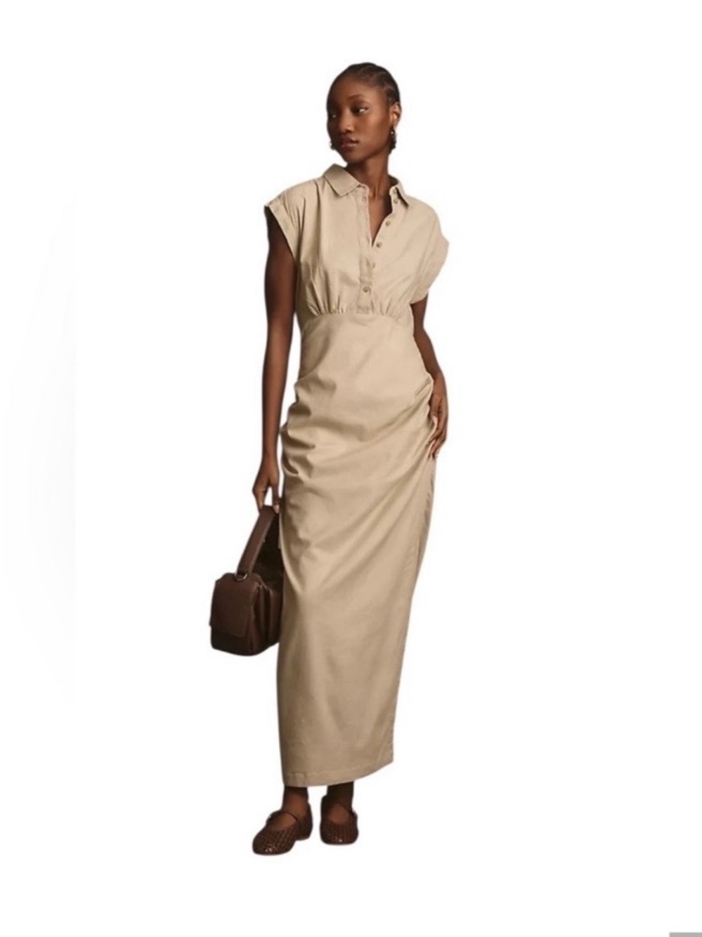 By Anthropologie Beige Cap Sleeve V Neck Maxi Dress with Side Slit. Linen blend